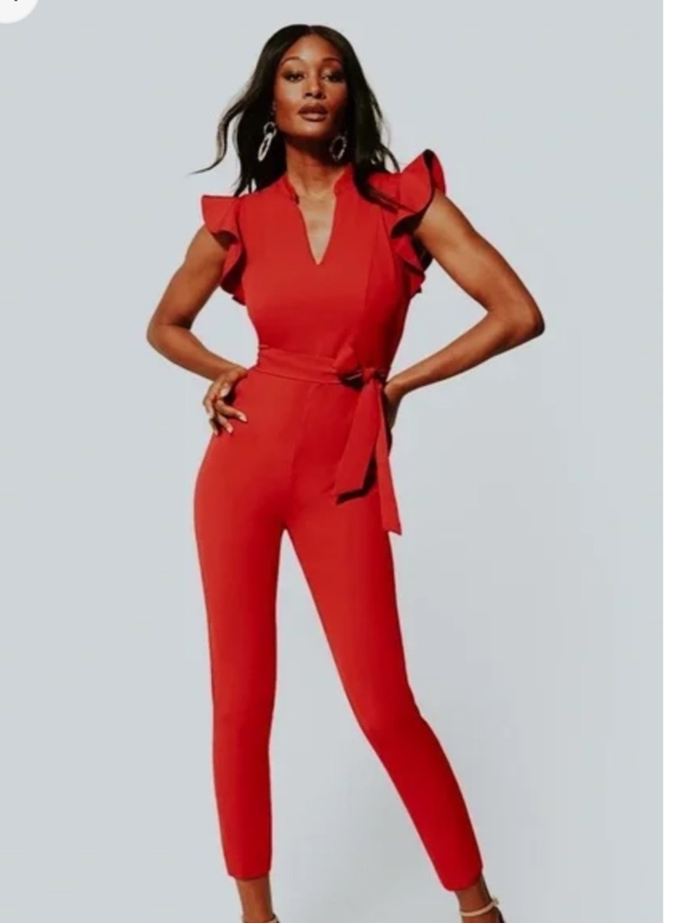 NY & Co  Red Ruffle Sleeve V-neck Jumpsuit with Tie Waist Women’s M